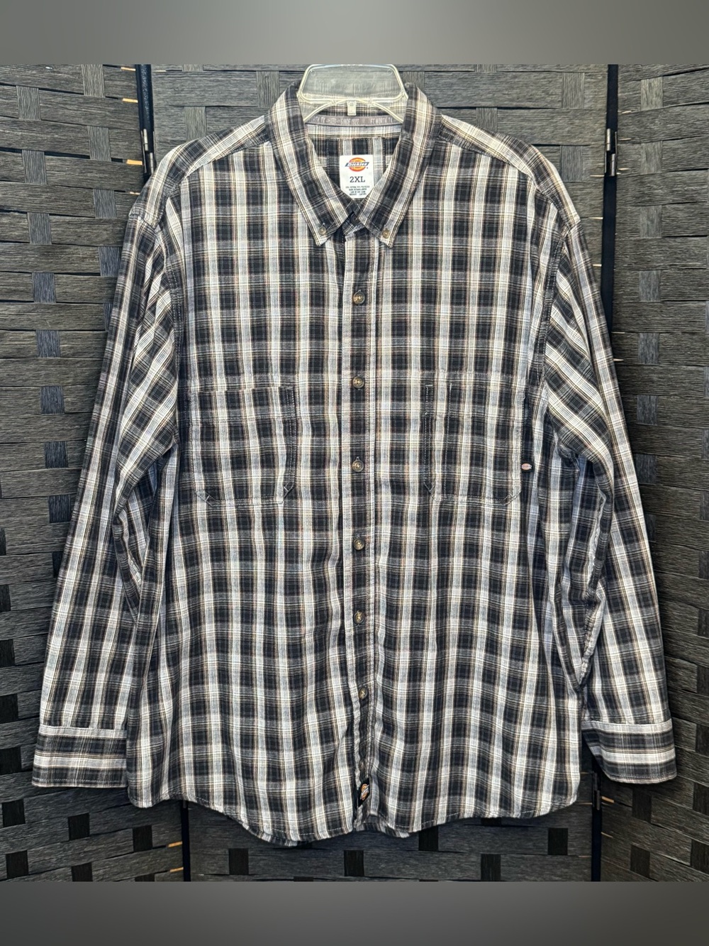 Dickies vintage Men's Grey Black and White Plaid Button-Down Shirt